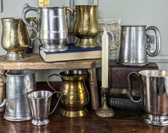 Vintage Tankard. Antique Brass, Pewter & Silver Plate Tankards. Handmade Etched and Plain Early-Mid Century Metal Mugs. Vintage Metal Vase.