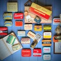 Vintage Advertising Tins. Collectable antique chemist/medicine storage box. Elastoplast, Lozenges, Boots, Band-Aid, Rinstead.