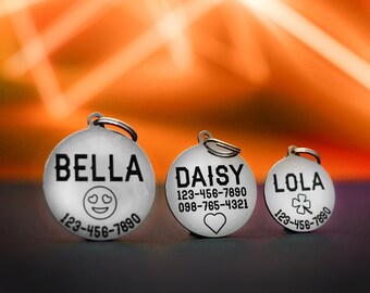 Personalized Dog Tag - Cat ID - Engraved For Pet - Custom Name & Phone - Stainless Steel - Keychain With Emoji - Round Locket - Gift For Pet