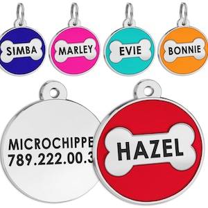 Etiqueta de identificación de perro de hueso - Etiqueta de cachorro personalizada - Etiqueta de identificación de gato grabada - Etiqueta de mascota linda para perros - Ficha redonda - Etiqueta de nombre de gatito - Regalos de esmalte de colores