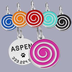 Médaille d'identification pour chien Lollipop - Médaille ronde pour chat de couleur - Médaille gravée pour chiot hypnose - Médaille d'identification pour chaton personnalisée - ID d'étiquette personnalisée pour le nom d'un animal de compagnie - Médaille d'identification