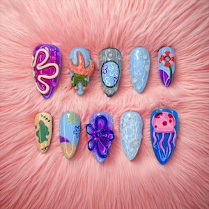 Undersea Cartoon Press On Nails 3D Jellyfish & Starfish Nail Set , Ocean Friends Blue Nails, Handmade Aquatic Press On Nails