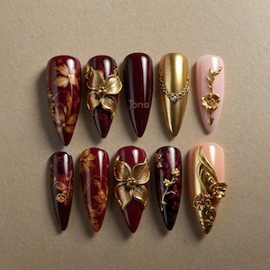 Inspired Fall Press On Nails with 3D Flower | Cherry Accents & Tortoise Shell Design | Long Almond Nails in Neutral