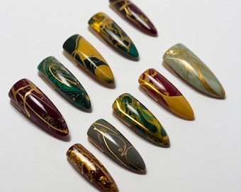 Jade Marble Press On Nails | Handmade Fall-Inspired Nail Set | Reusable Green Burgundy Gold Nails | Long Almond Shape Art Nails