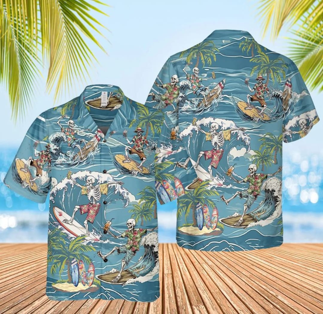 Tシャツ・カットソー Men Oversize Fit Summer Hawaiian Shirt HM1425 Skeleton Beach Summer Hawaiian Shirt, Tropical Beach Shirt