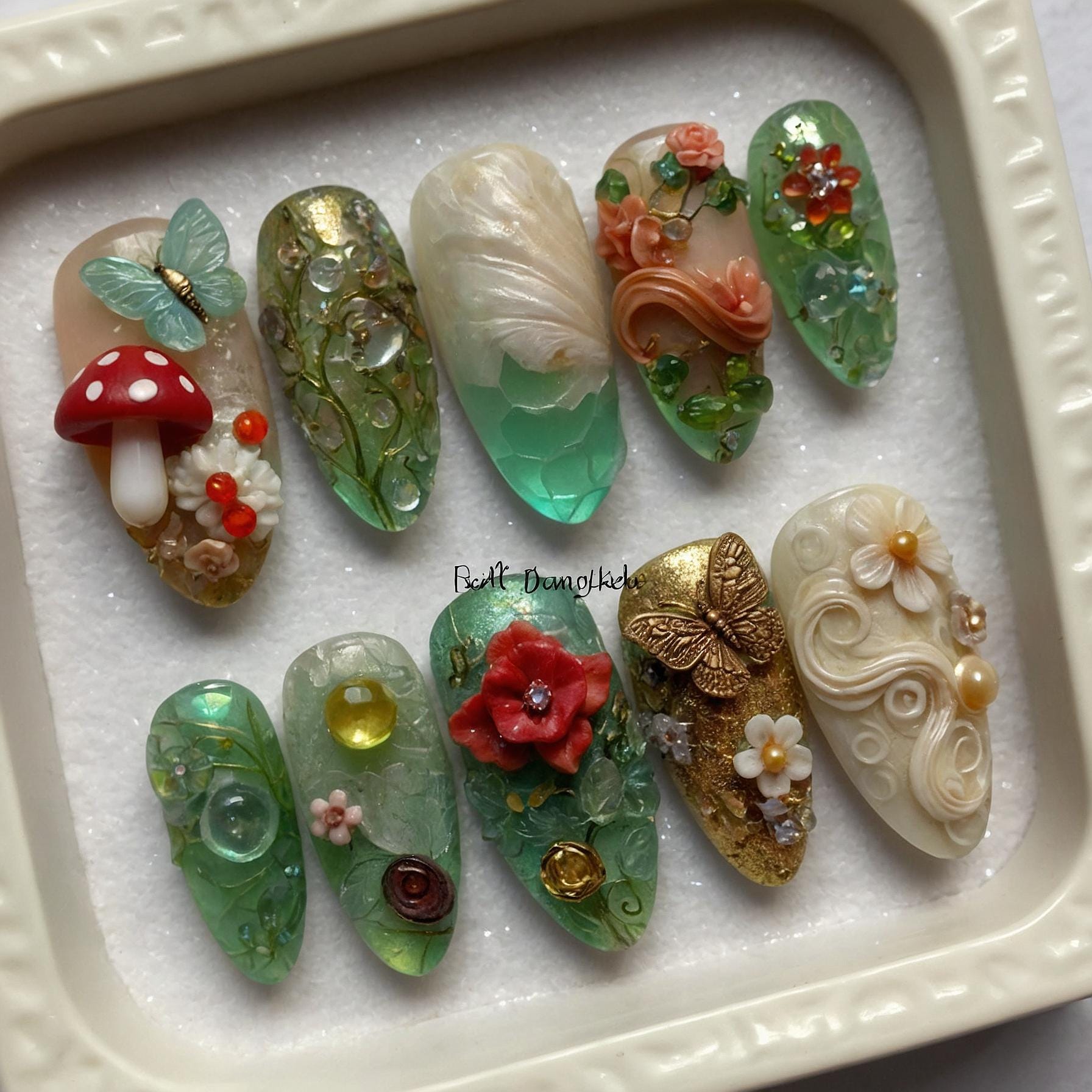 Fairy Garden Press On Nails | 3D Orchids, Ladybug & Mushroom Nail Art | Handmade Green Almond Nails | Custom Dreamy Fake Nails Gift Set