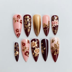 Inspired Fall Press On Nails with 3D Flower | 3D Floral & Cherry Accents | Long Almond Tortoise Shell Nails in Brown