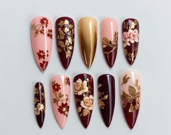 Inspired Fall Press On Nails with 3D Flower | 3D Floral & Cherry Accents | Long Almond Tortoise Shell Nails in Brown