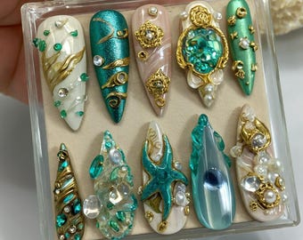 Ocean Dream Press-On Nails | 3D Sea Turtle & Mermaidcore Shell Art | Coastal Blue Fake Nails | Under the Sea Nail Design