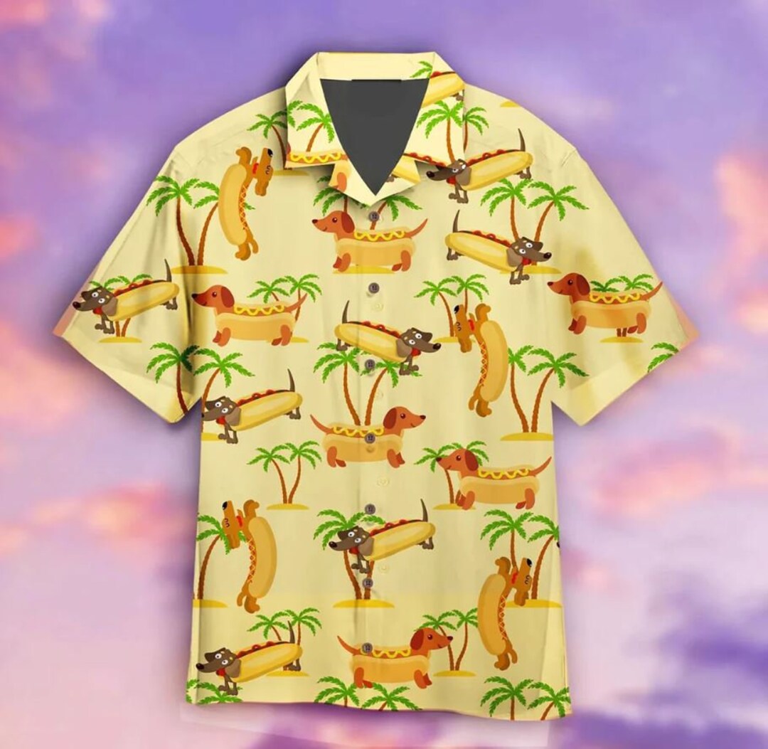 Hot Dog Hawaiin Shirt, Novelty Quirky Dachshund Hawaiian, Funny Cute