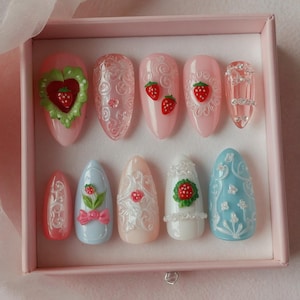 Dreamy Pink Strawberry Press On Nails | 3D Cream & Fruit Nail Art | Cute Nail Charms | Kawaii Fake Nails | Handmade Pink Nail