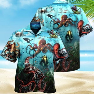 Kraken Riesen und Taucher Hawaiihemd, Hai Sommer Hemd, 3D Hawaiihemd Aloha Hemd, Sommer Hawaii Hemd, Strand Hemd