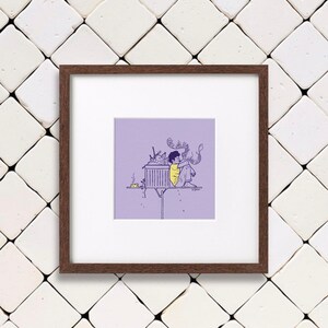 May include: A framed illustration of a person sitting in a purple room with a yellow shirt and a blue and white striped shirt. The person is surrounded by a variety of objects, including a plant, a book, and a cup of coffee. The illustration is set against a white tiled background.