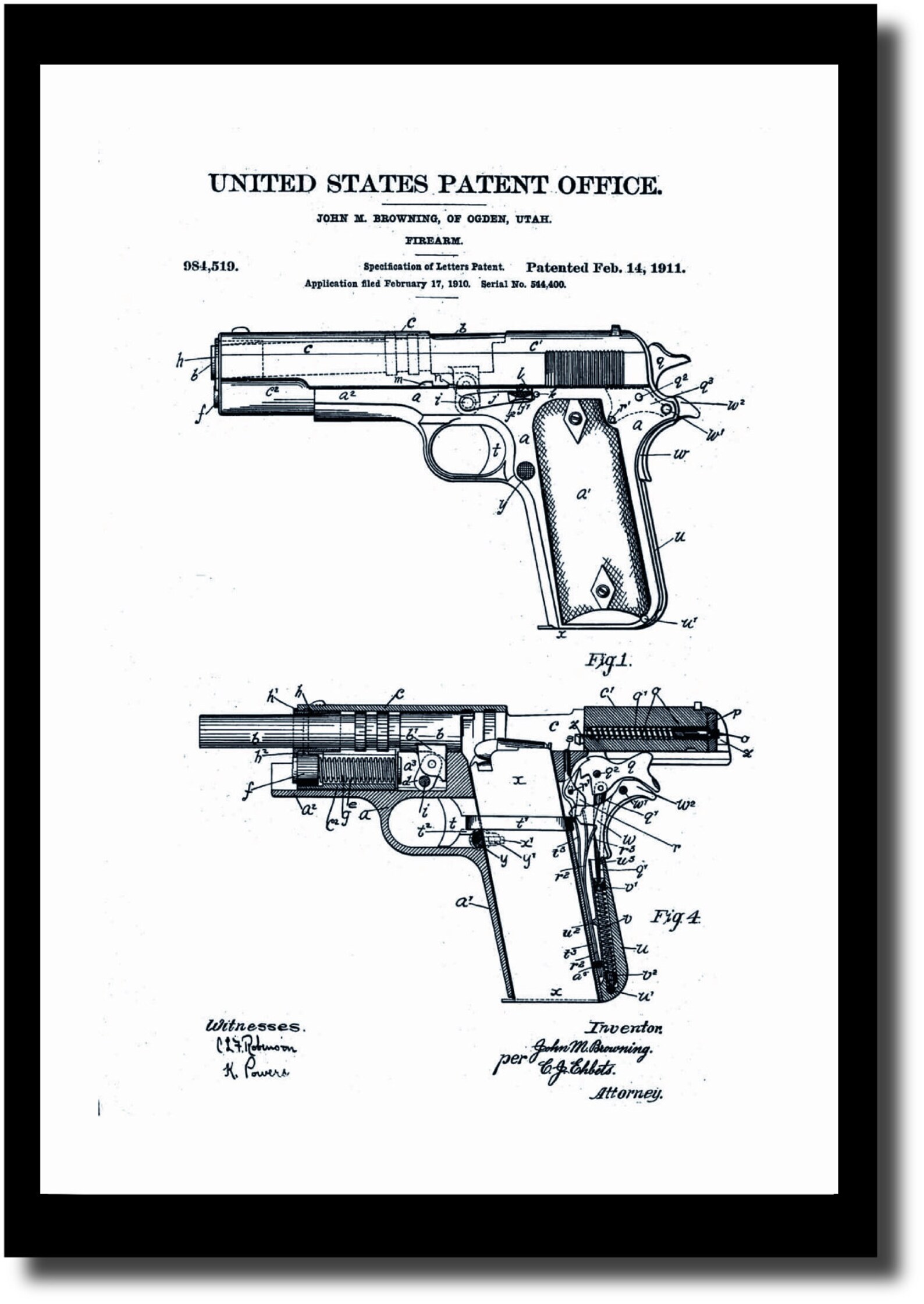 Colt 1911 Firearm Patent Print for Wall Decor. Gun Art and | Etsy