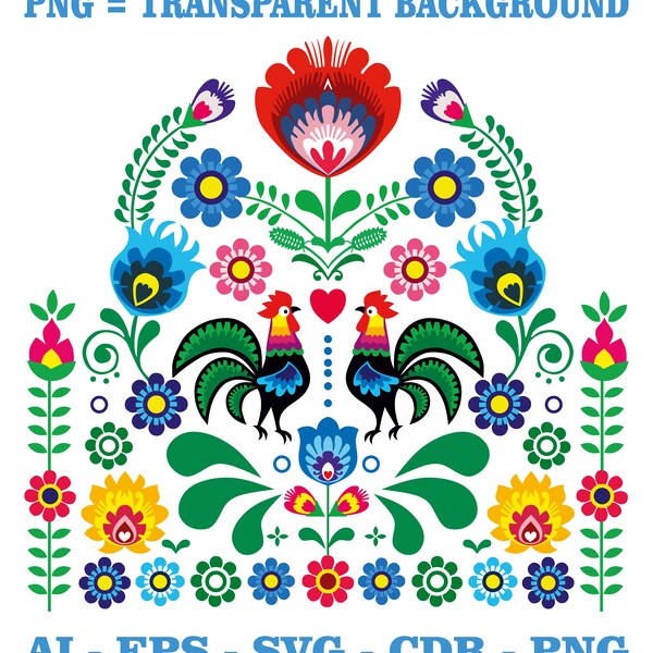 Flores y gallos Patrón tradicional polaco bordado svg ai eps cdr PNG DESCARGA INSTANTÁNEA