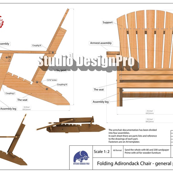 Plans de travail du bois Folding Adirondack Chair PDF DXF Téléchargement instantané