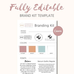 May include: Branding kit template for a virtual assistant named "Wonderful Wendy". The template includes a logo, color palette, and font choices. The logo is a circle with the initials "WW" and the text "Wonderful Wendy Virtual Assistant". The color palette includes shades of pink, orange, blue, and white. The fonts are Selima and Nanum Gothic Regular.