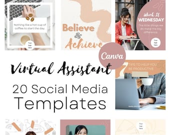 Publicaciones en redes sociales para asistentes virtuales / Plantillas Canva / Diseños únicos de Canva para asistentes virtuales / Plantillas sociales personalizables