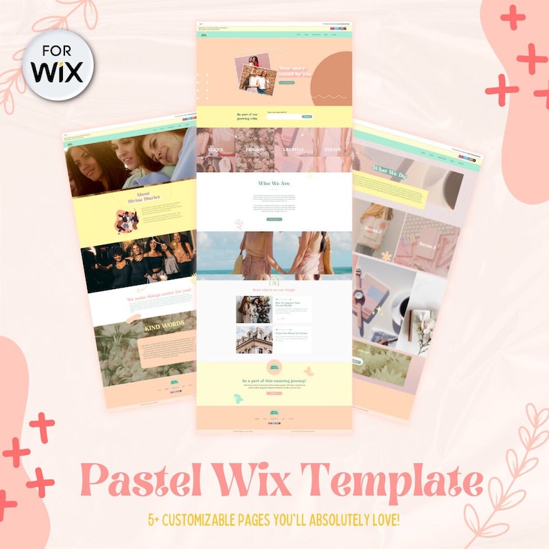 May include: A pastel-colored Wix website template with five customizable pages. The template features a variety of images, including a group of women, a beach scene, and a floral arrangement. The text on the website includes the words "Kind Words" and "What We Do".