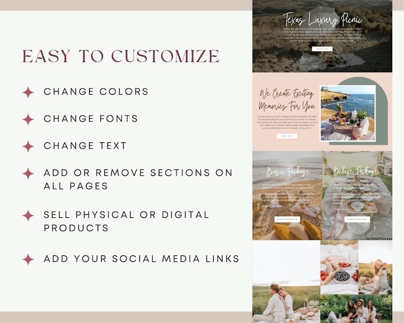 Puede incluir: Una maqueta de sitio web para un negocio de picnics de lujo en Texas. El sitio web presenta im&aacute;genes de configuraciones de picnics en varios lugares, incluida una playa y un campo. El sitio web tambi&eacute;n incluye texto que dice "Creamos recuerdos emocionantes para ti" y "Paquete b&aacute;sico" y "Paquete de lujo".