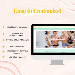 May include: A computer screen mockup showing a website with a light blue background and the text "Let's Connect!" in a white circle. The website has a menu bar with the words "Home", "About Us", "Shop", and "Blog". The website also has a section with the text "Read our more message here!" in a light blue box. The computer screen is on a white background with pink and orange wavy lines.
