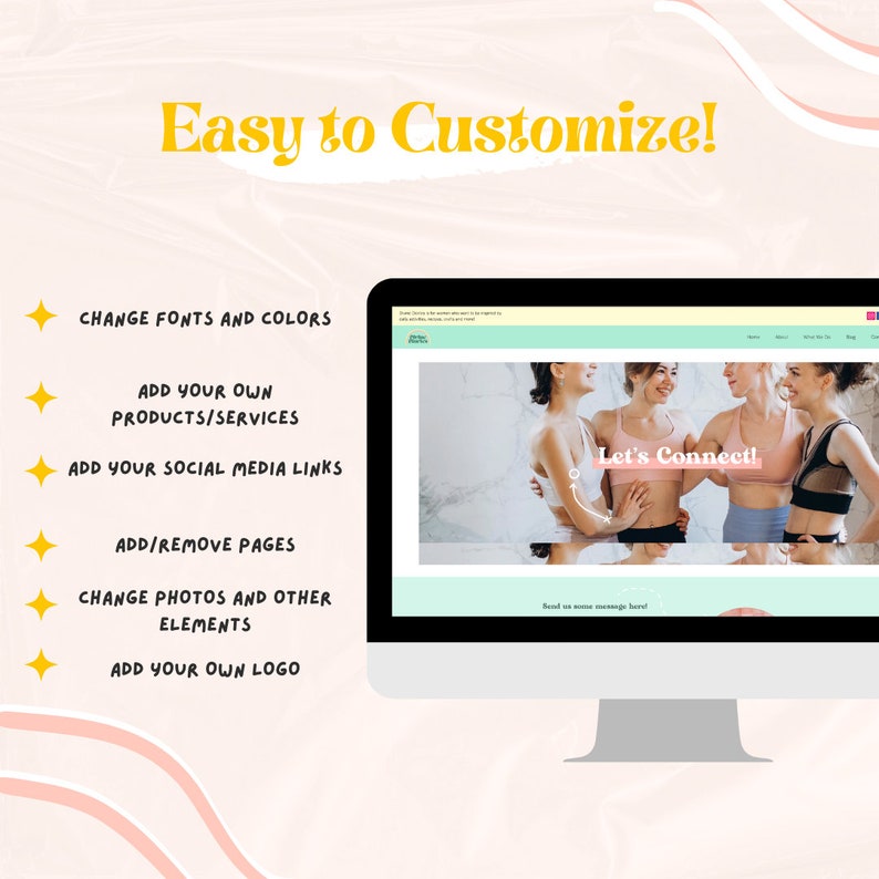 May include: A computer screen mockup showing a website with a light blue background and the text "Let's Connect!" in a white circle. The website has a menu bar with the words "Home", "About Us", "Shop", and "Blog". The website also has a section with the text "Read our more message here!" in a light blue box. The computer screen is on a white background with pink and orange wavy lines.