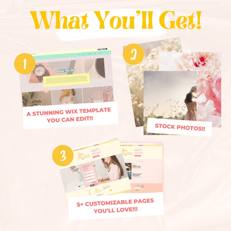 May include: A graphic showing three benefits of purchasing a Wix website template. The first benefit is a stunning Wix template that can be edited. The second benefit is stock photos. The third benefit is 5+ customizable pages.
