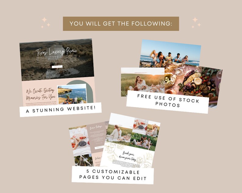 Puede incluir: Una plantilla de dise&ntilde;o de sitio web para un negocio de picnic de lujo. El sitio web presenta un esquema de color azul claro y verde con im&aacute;genes de personas disfrutando de picnics. El texto en el sitio web dice "Texas Luxury Picnic" y "We Create Executing Memories For You". El sitio web tambi&eacute;n incluye una secci&oacute;n que dice "A Stunning Website!" y "Free Use of Stock Photos".