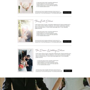 Puede incluir: Sitio web de un fot&oacute;grafo de bodas que muestra diferentes paquetes de fotograf&iacute;a de bodas. El sitio web presenta im&aacute;genes de parejas en varias poses de boda e incluye descripciones de cada paquete.