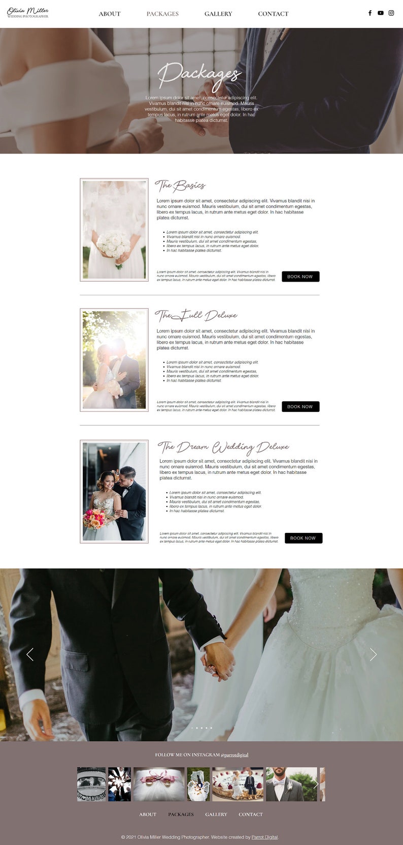 Puede incluir: Sitio web de un fot&oacute;grafo de bodas que muestra diferentes paquetes de fotograf&iacute;a de bodas. El sitio web presenta im&aacute;genes de parejas en varias poses de boda e incluye descripciones de cada paquete.