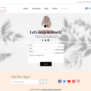May include: A website homepage with a light background and a stylized illustration of a woman. The text "Let's keep in touch!" is displayed above a contact form with fields for name, email, subject, and a message. The text "Join The Clique!" is displayed below the contact form with a field for entering an email address and a button labeled "Join".