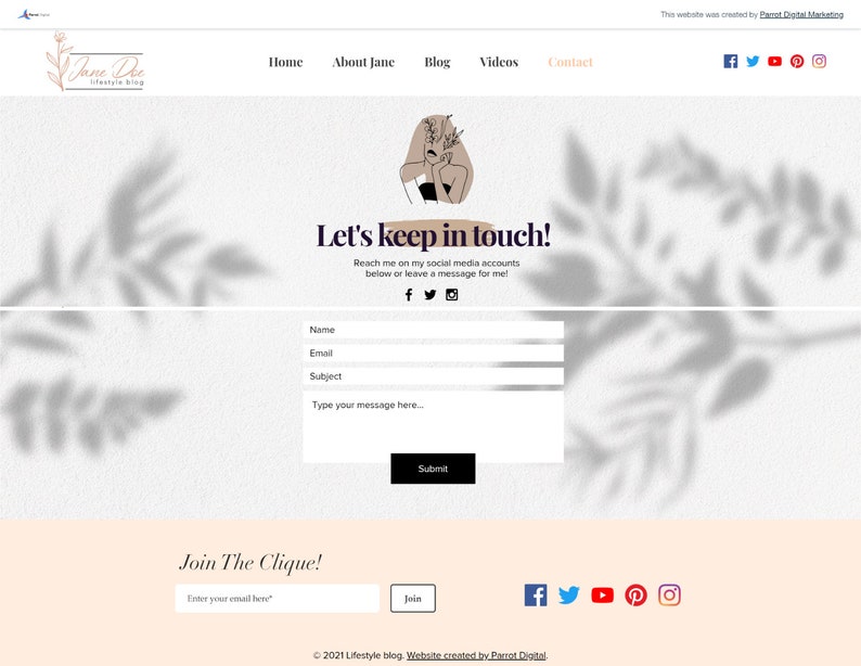 May include: A website homepage with a light background and a stylized illustration of a woman. The text "Let's keep in touch!" is displayed above a contact form with fields for name, email, subject, and a message. The text "Join The Clique!" is displayed below the contact form with a field for entering an email address and a button labeled "Join".