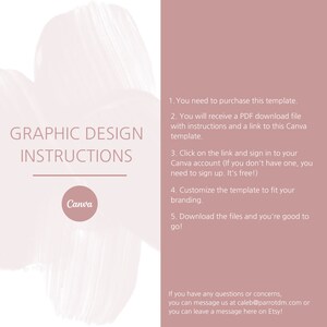 Puede incluir: Instrucciones de dise&ntilde;o gr&aacute;fico para una plantilla de Canva. Las instrucciones incluyen la compra de la plantilla, la descarga de un archivo PDF con instrucciones y un enlace a la plantilla de Canva, el inicio de sesi&oacute;n en una cuenta de Canva, la personalizaci&oacute;n de la plantilla y la descarga de los archivos. El texto tambi&eacute;n incluye informaci&oacute;n de contacto para preguntas o inquietudes.