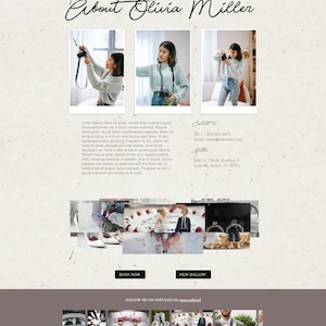 Puede incluir: Sitio web de Olivia Miller, fot&oacute;grafa de bodas, con una foto de una mujer sosteniendo una c&aacute;mara, una foto de una mujer con un su&eacute;ter y una foto de una mujer sosteniendo una c&aacute;mara. El sitio web tambi&eacute;n incluye un formulario de contacto, una galer&iacute;a y un formulario de reserva.