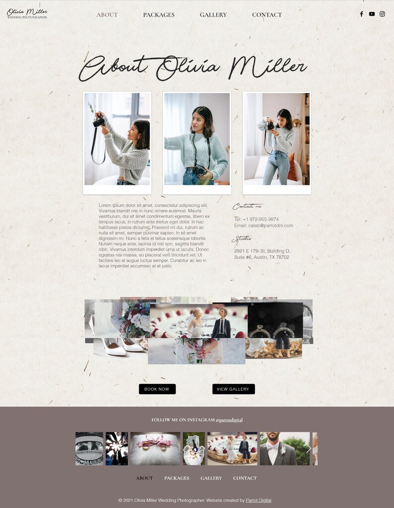Puede incluir: Sitio web de Olivia Miller, fot&oacute;grafa de bodas, con una foto de una mujer sosteniendo una c&aacute;mara, una foto de una mujer con un su&eacute;ter y una foto de una mujer sosteniendo una c&aacute;mara. El sitio web tambi&eacute;n incluye un formulario de contacto, una galer&iacute;a y un formulario de reserva.