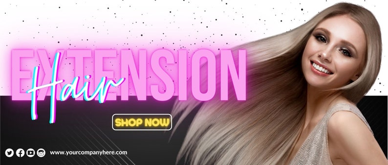 May include: Banner ad for hair extensions featuring a woman with long, flowing blonde hair. The word "EXTENSION" is in large, pink, 3D letters, with "Hair" in a teal script. A "SHOP NOW" button is present, along with social media icons and a website address.