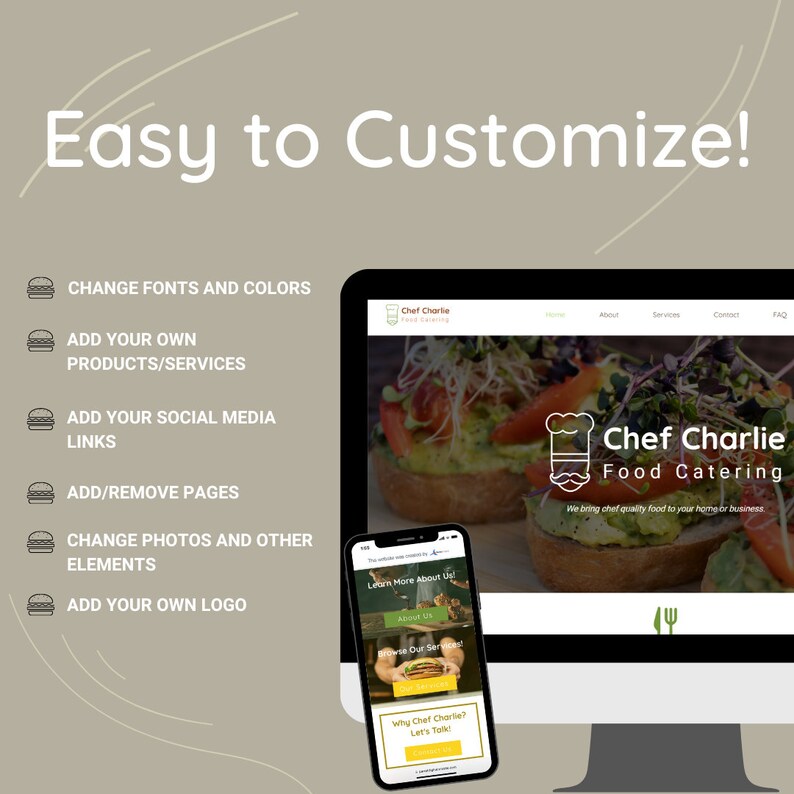 Puede incluir: Una maqueta de sitio web para un negocio de catering llamado "Chef Charlie Food Catering". El sitio web presenta un dise&ntilde;o moderno con un enfoque en la comida de alta calidad. El sitio web incluye una p&aacute;gina de inicio, una p&aacute;gina sobre nosotros, una p&aacute;gina de servicios, una p&aacute;gina de contacto y una p&aacute;gina de preguntas frecuentes. El sitio web tambi&eacute;n incluye una llamada a la acci&oacute;n para obtener m&aacute;s informaci&oacute;n sobre el negocio.
