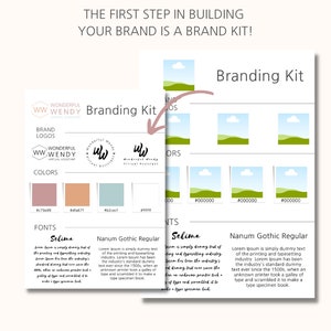 Puede incluir: Plantilla de kit de marca con una paleta de colores rosa, naranja, azul claro y blanco. El kit incluye un logotipo, muestras de colores, fuentes y un dise&ntilde;o de texto de muestra. El texto dice "Branding Kit" y "&iexcl;El primer paso para construir tu marca es un kit de marca!"
