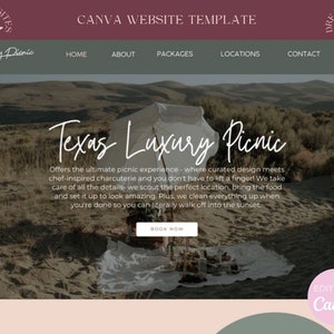 Puede incluir: Una p&aacute;gina de inicio de un sitio web para un servicio de picnic de lujo con sede en Texas llamado "Dream Sites Luxury Picnic". El sitio web presenta una foto de un picnic instalado en un campo con una sombrilla blanca y un texto superpuesto que dice "Texas Luxury Picnic". El sitio web tambi&eacute;n incluye un bot&oacute;n de llamada a la acci&oacute;n que dice "Reservar ahora".