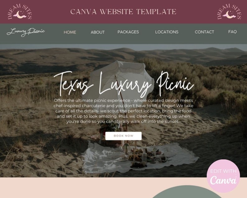 Puede incluir: Una p&aacute;gina de inicio de un sitio web para un servicio de picnic de lujo con sede en Texas llamado "Dream Sites Luxury Picnic". El sitio web presenta una foto de un picnic instalado en un campo con una sombrilla blanca y un texto superpuesto que dice "Texas Luxury Picnic". El sitio web tambi&eacute;n incluye un bot&oacute;n de llamada a la acci&oacute;n que dice "Reservar ahora".