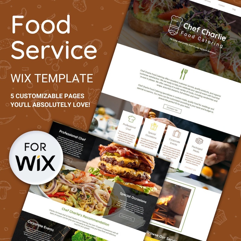 Puede incluir: Una plantilla de sitio web para Wix, con un fondo marr&oacute;n con garabatos blancos de comida. El sitio web es para un servicio de catering llamado "Chef Charlie Food Catering". El sitio web tiene un men&uacute; con opciones para servicios de chef profesionales, ocasiones especiales, eventos corporativos y comidas empaquetadas.