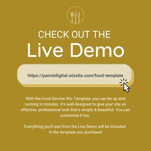 Puede incluir: Un fondo amarillo con un bot&oacute;n blanco que dice "CHECK OUT THE Live Demo" y un enlace a un sitio web: https://parrotdigital.wixsite.com/food-template. El texto debajo del bot&oacute;n dice "Con la plantilla Wix Food Service, puedes estar en funcionamiento en minutos. Est&aacute; bien dise&ntilde;ada para darle a tu sitio web una apariencia efectiva y profesional, simple y hermosa. Tambi&eacute;n puedes personalizarla. Todo lo que veas en la demostraci&oacute;n en vivo estar&aacute; incluido en la plantilla que compres!"