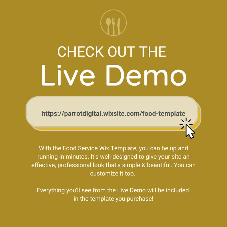 Puede incluir: Un fondo amarillo con un bot&oacute;n blanco que dice "CHECK OUT THE Live Demo" y un enlace a un sitio web: https://parrotdigital.wixsite.com/food-template. El texto debajo del bot&oacute;n dice "Con la plantilla Wix Food Service, puedes estar en funcionamiento en minutos. Est&aacute; bien dise&ntilde;ada para darle a tu sitio web una apariencia efectiva y profesional, simple y hermosa. Tambi&eacute;n puedes personalizarla. Todo lo que veas en la demostraci&oacute;n en vivo estar&aacute; incluido en la plantilla que compres!"