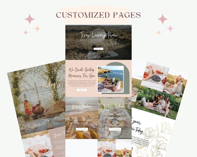 Puede incluir: Un dise&ntilde;o de sitio web para una empresa de picnics de lujo en Texas. El sitio web presenta im&aacute;genes de un picnic instalado en un acantilado con vista al oc&eacute;ano, un grupo de amigos disfrutando de un picnic y un primer plano de una canasta de picnic. El sitio web tambi&eacute;n incluye texto sobre los servicios y paquetes de la empresa.