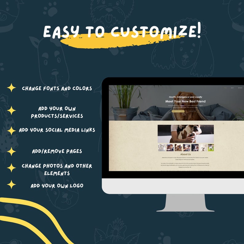 May include: A computer screen displaying a website for a dog breeder. The website features a photo of a dog and the text "Health, Intelligence and Loyalty. Meet Your New Best Friend." The website also includes a section titled "About Us".