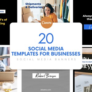 Puede incluir: Un collage de 20 plantillas de banners para redes sociales para empresas. Los banners presentan citas de l&iacute;deres empresariales como Richard Branson, Larry Page y Canva. Los banners est&aacute;n dise&ntilde;ados para ayudar a las empresas a promocionar sus productos y servicios en las redes sociales.