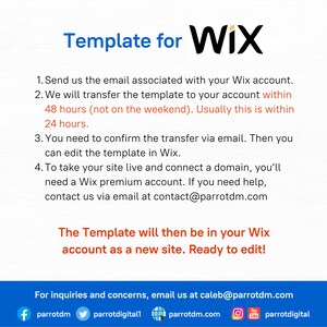 Puede incluir: Un fondo blanco con texto negro que explica c&oacute;mo transferir una plantilla de Wix a tu cuenta. El texto incluye la direcci&oacute;n de correo electr&oacute;nico de la empresa para consultas y preocupaciones. El texto tambi&eacute;n incluye iconos de redes sociales para Facebook, Twitter, Instagram y YouTube.