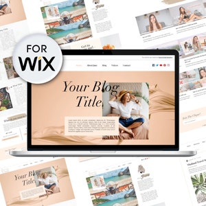May include: A laptop computer displaying a website with the text "Your Blog Title" and a photo of a woman wearing a hat and sitting on a bed. The website has a menu bar with the options "Home", "About Jane", "Blog", "Videos", and "Contact".