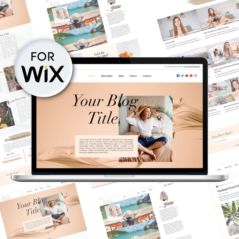 May include: A laptop computer displaying a website with the text "Your Blog Title" and a photo of a woman wearing a hat and sitting on a bed. The website has a menu bar with the options "Home", "About Jane", "Blog", "Videos", and "Contact".