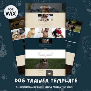 May include: A website template for dog trainers, featuring a light brown background with a dark blue header and footer. The header has the text "FOR WIX" in a white circle and the text "Meet Your New Best Friend" in a dark blue rectangle. The website has a gallery of images of dogs, a section for reviews, and a contact form.
